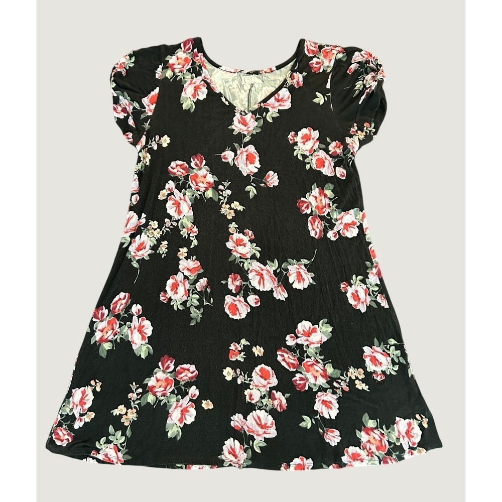 Maurices 24/7 Floral Dress Womens Large Black Red Rose Puff Sleeve V-Neck 1425